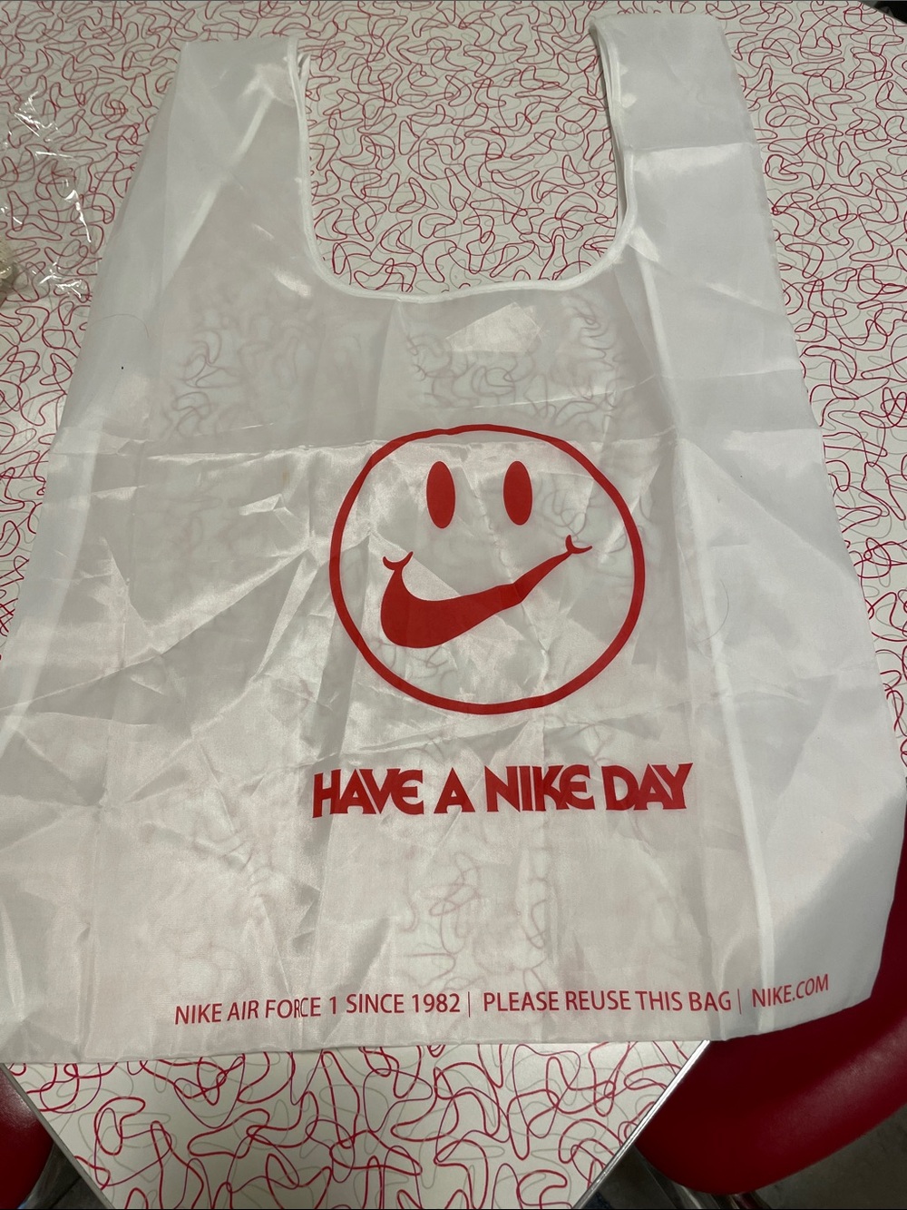 Nike White Tote Bag with Red Smile Swoosh